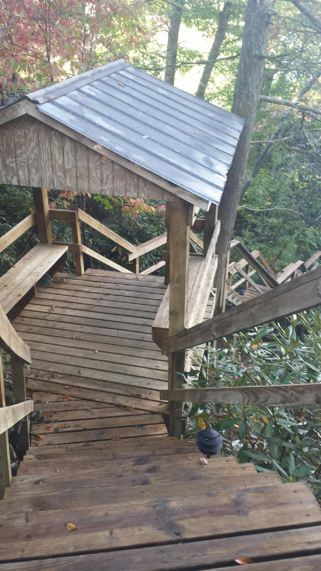 Metal roofed shelter over wooden steps on a wooded walkway — Skylight Repair & Installation work by our crew in Bedias